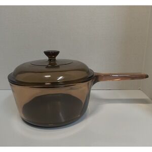 Vintage Corning Vision Ware 1.5 L Fireside Brown Amber Glass Pot Sauce Pan, Lid